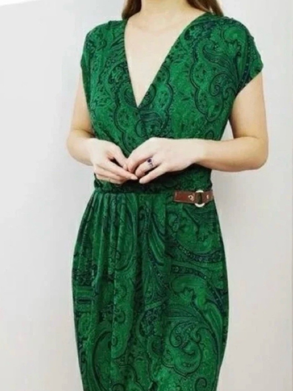 Michael Kors Dress Womens Green Blue
Paisley Faux Wrap Belt Accent Sz 2X